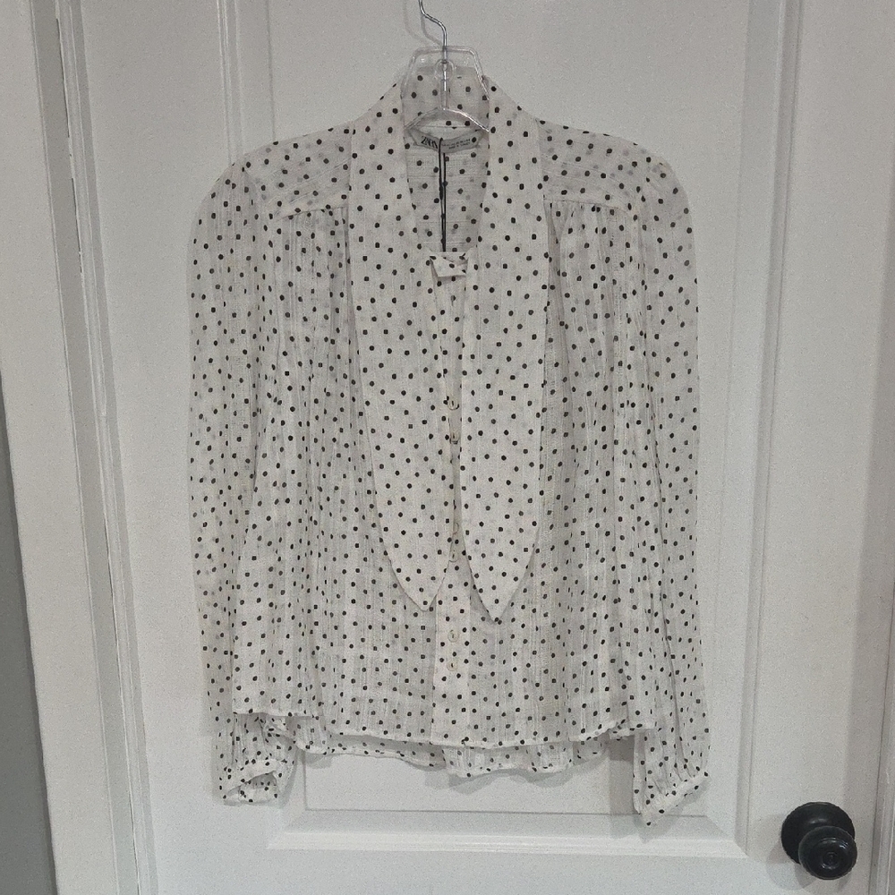 Zara White Blouse with Black Polka Dots and Tie Neck
